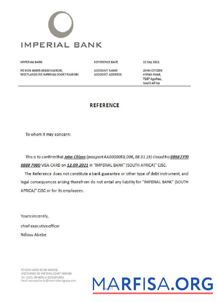 Realistic South Africa Imperial bank closure reference download for verification